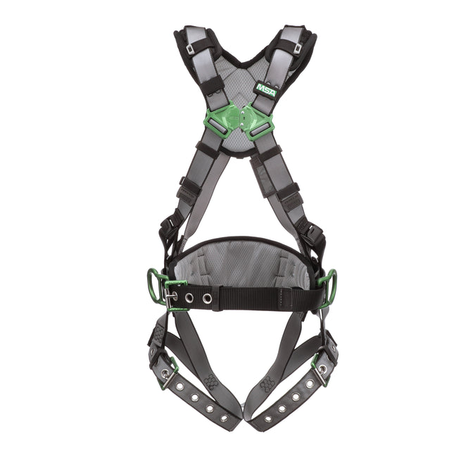 V-FIT Construction Harness, back/hip D-rings, tongue-buckle leg straps, shoulder pad